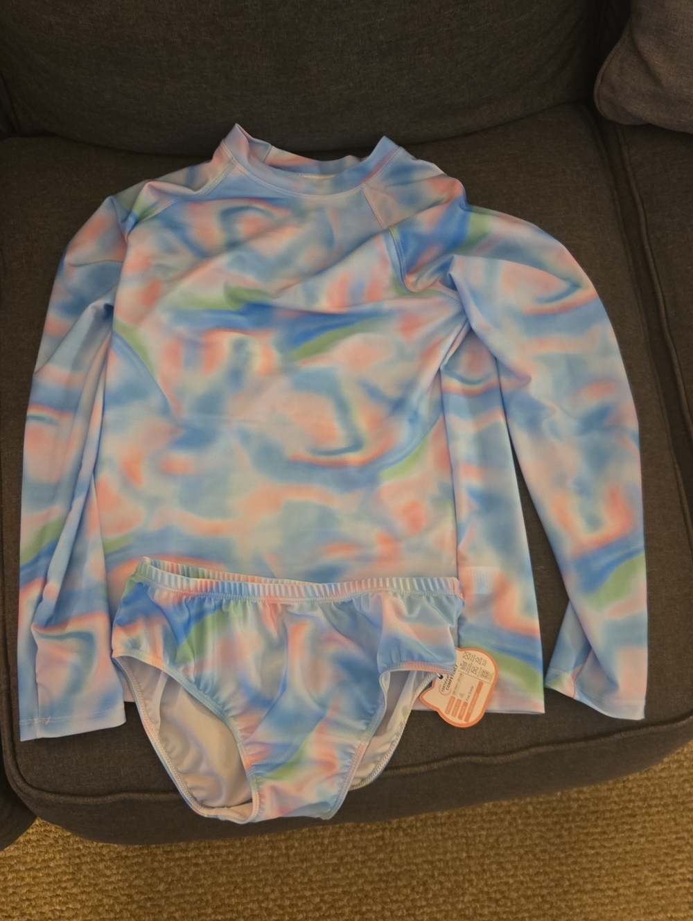 Kids Long-Sleeve Rash Guard Set in Pastel Blue Tie-Dye. Size 9/10